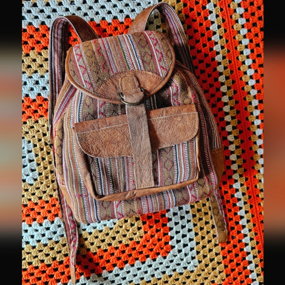 Vintage Leather And Woven Tribal Textile Brown Boho Hippy Backpack